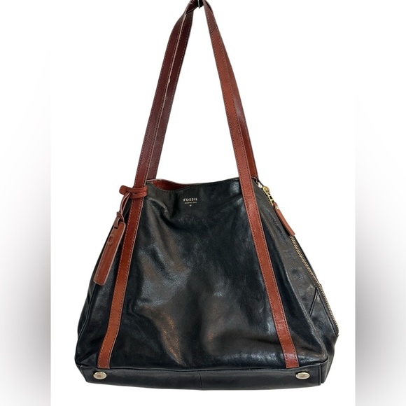Fossil 2 in One Tote Expandable Black Brown Goat Hide Leather Side Zippers - Picture 9 of 11